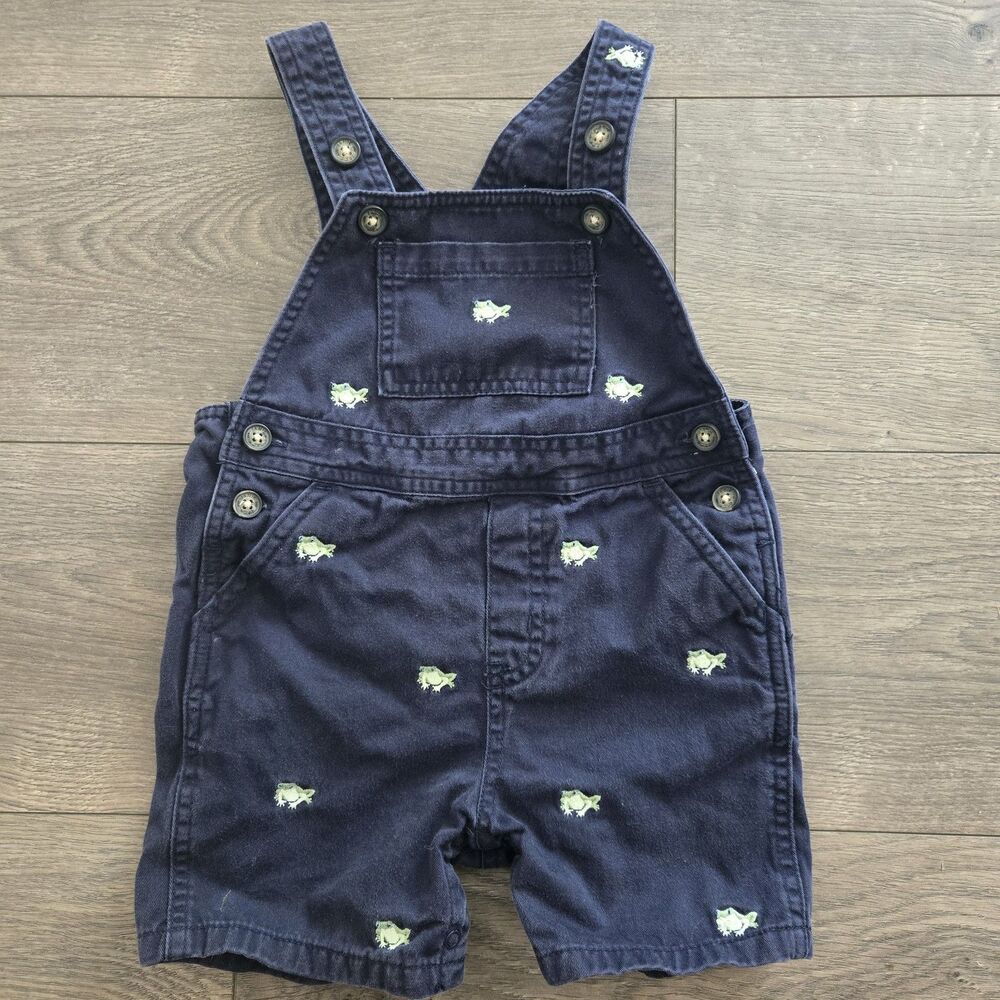 Janie and Jack Vintage 2009 Frog Embroidered Navy Blue Cotton Shortalls 12-18M